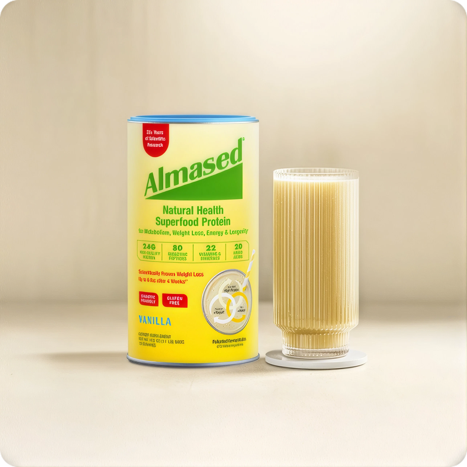 Almased product packaging beside a prepared shake