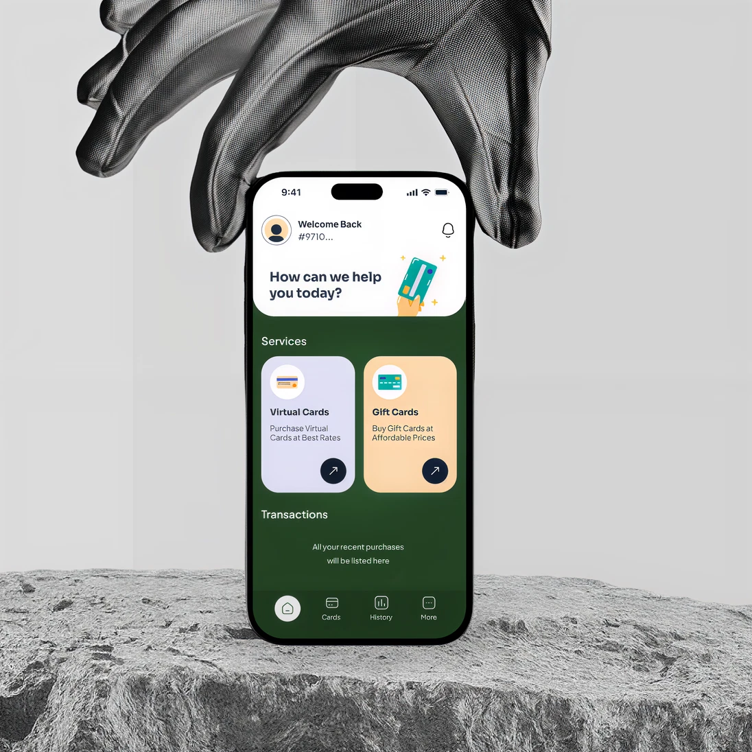 Julupay mobile app shown between a sculpted hand and stone