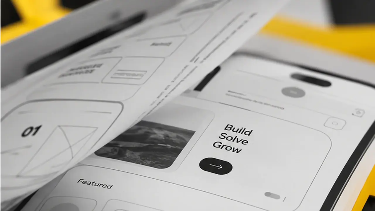 Printed UX wireframes and a mobile interface mockup