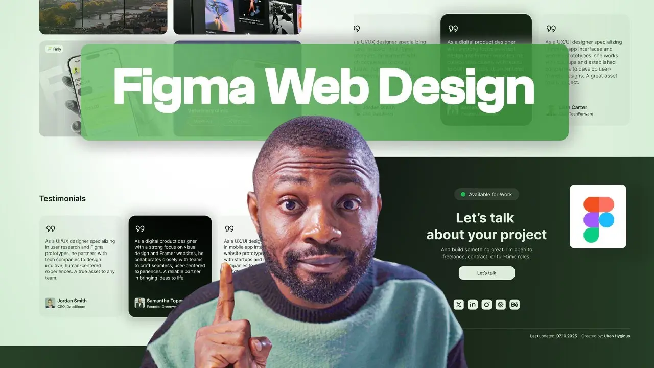 Figma Web Design tutorial thumbnail featuring Hyginus and a green portfolio design